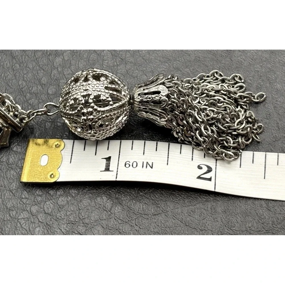 Vintage Silver Tone Multi-Strand Chain Bracelet Ornate Filigree Tassel Charm